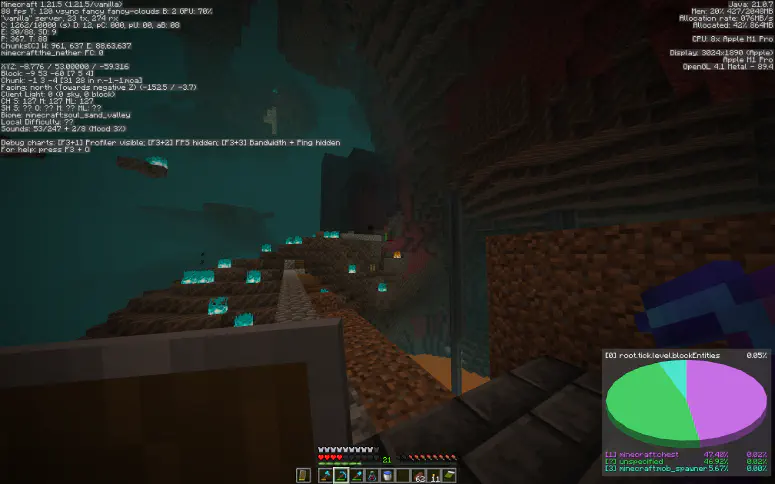 A Minecraft screenshot with the debug menu open and a Nether Fortress in the background.
